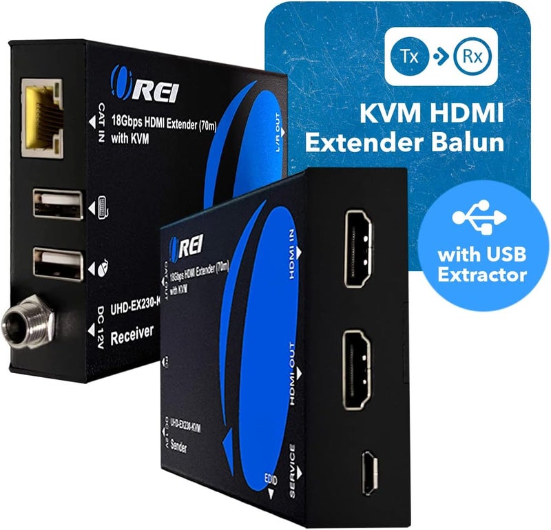 OREI KVM 4K HDMI Over Ethernet Extender Balun Over CAT6/7 Cable 4K@60Hz Upto 230 Feet - 2 USB 1.1 Ports, Supports Keyboard and Mouse USB HDMI Loop Out, Power Over Cable - Image 2